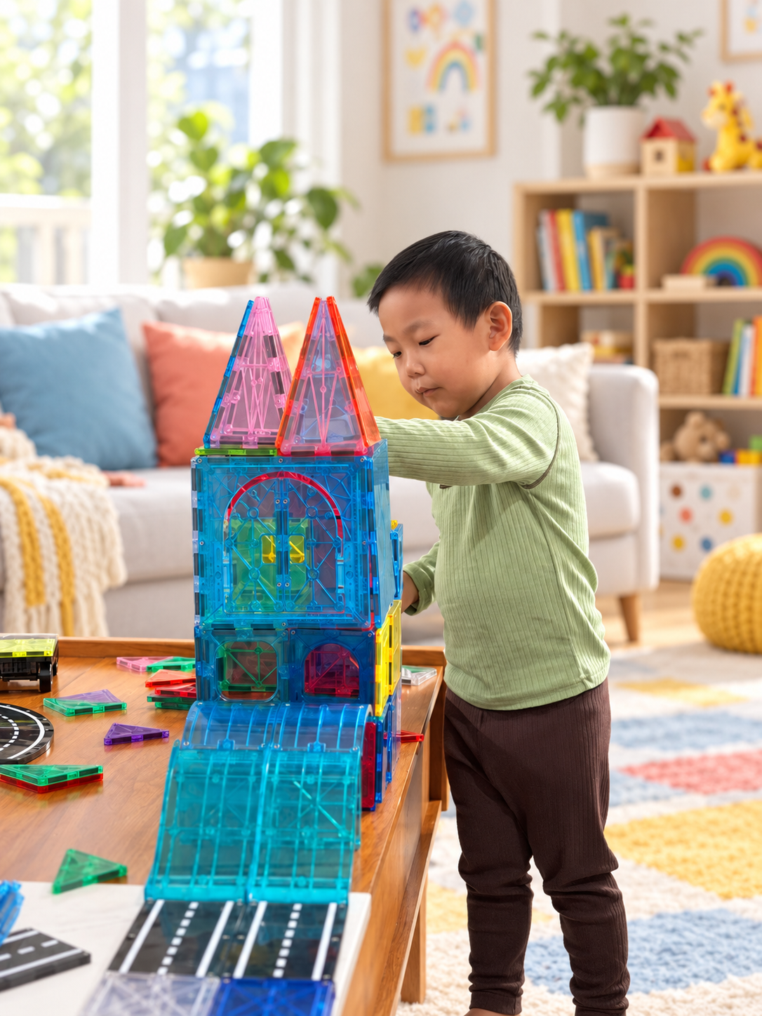 Dafu building a colorful magnetic-tile castle; background edited.