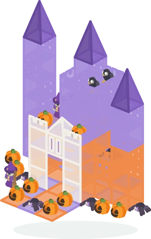A complete Halloween magnetic-tile castle with an orange hall, purple towers, a white ghost gate, pumpkins, crows, friendly witches and spiders